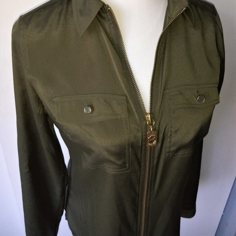 40% OFF~ Nwt Michael Kors Women's Camp OLIVE Gold Zip Up UTILITY Shirt PP-0